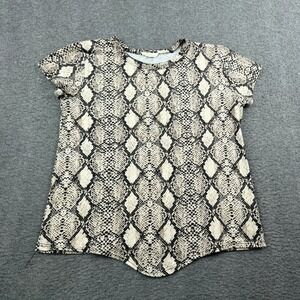 Pinc Women's S Snakeskin Print Short Sleeve Crew Neck Top Curved Hem Cream Black